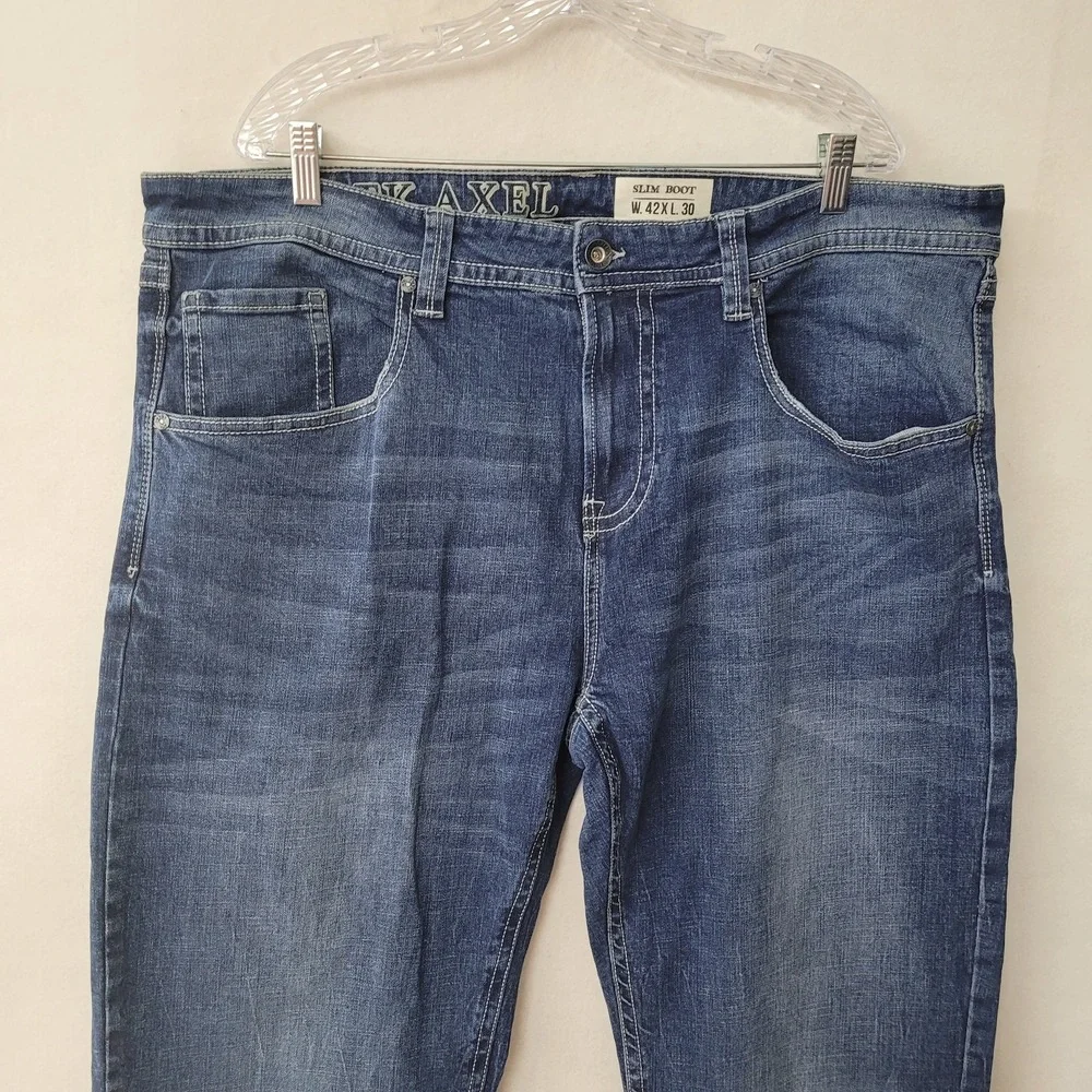 TK‎ Axel Mens Slim Bootcut Jeans 42x30 Eaton Wash Embroidered Pockets AXMB0056